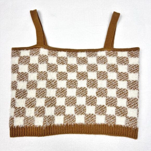 Hazel Moon Brown Cream Checkered Fuzzy Soft Cami Crop Top, Size Medium - Picture 1 of 7